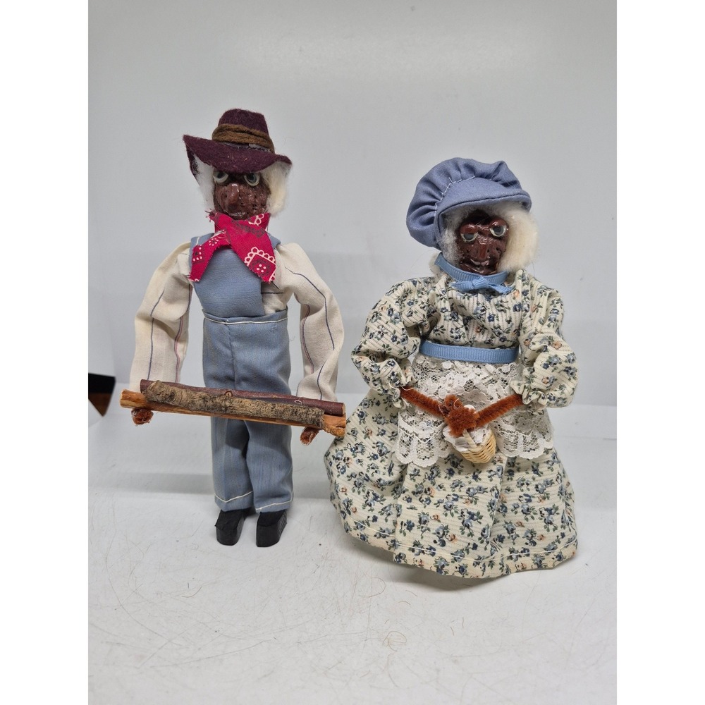 Vintage Apple Head Doll Set Man Woman Blue Floral Overalls Farm Folk Art Figures